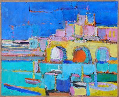 an oil painting of a colorful building with a blue sky in the background