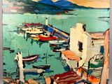 a painting of boats in a harbor with mountains in the background