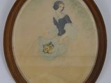 tableau représentant une femme en robe bleue tenant un panier de fleurs