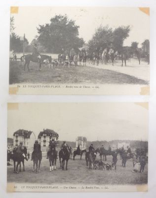 two old black and white photos of horses and people on a dirt road