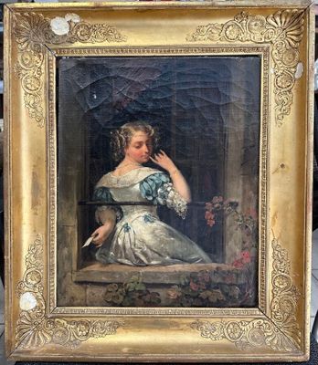 tableau représentant une femme en robe bleue assise sur le rebord d'une fenêtre