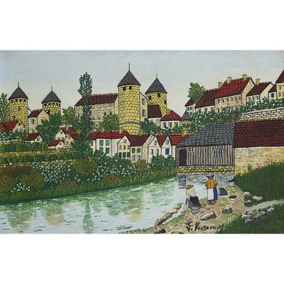 a painting of a village with a river and a bridge