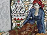 une peinture représentant une femme assise sur une chaise