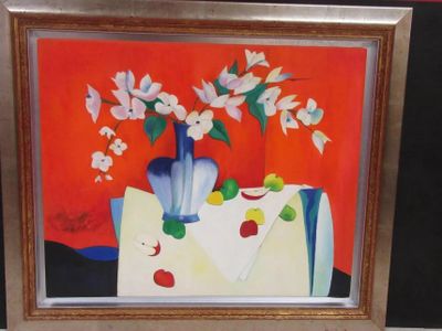 a painting of flowers in a blue vase on a table