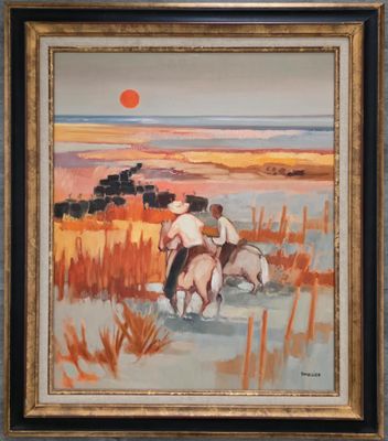 une peinture à l'huile représentant deux hommes à cheval dans un champ