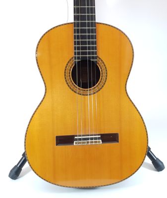 an image of a guitar sitting on a stand on a white background