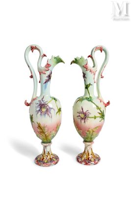 two vases with flowers painted on them on a white background