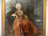 tableau représentant une femme en robe rouge, assise sur une chaise avec une guitare