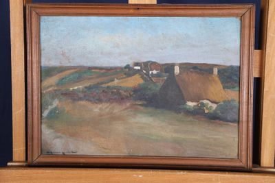 une peinture à l'huile représentant une scène de vie à la ferme, dans un cadre en bois