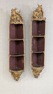 pair of antique wall mounted shelves with gold leaf decoration