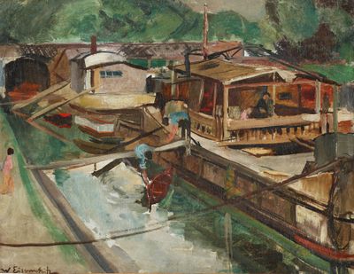 une peinture représentant un bateau amarré dans un canal