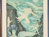 painting of a woman flying over a group of people in the sky