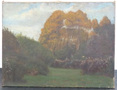 tableau représentant un champ avec des arbres et des buissons en arrière-plan