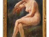 un tableau représentant une femme nue assise sur une chaise, dans un cadre doré