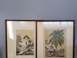 two framed pictures of a horse drawn carriage and a palm tree