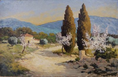 une peinture à l'huile représentant un chemin de terre avec des arbres au premier plan