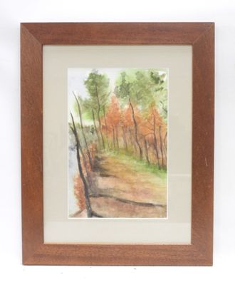 framed watercolor painting of a path in the woods by a river