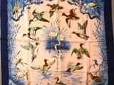 blue and pink silk scarf with birds and water scene
