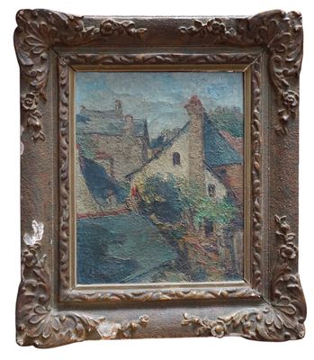 l'image d'un tableau représentant un village avec une église à l'arrière-plan