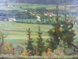 an oil painting of a field with trees and houses in the distance