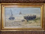 une peinture à l'huile représentant un bateau sur la plage, avec des personnes à proximité