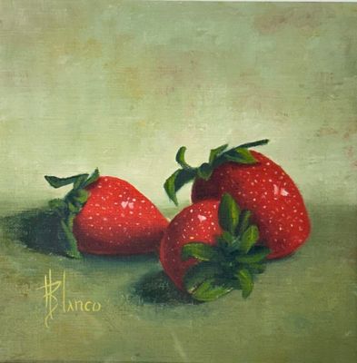 peinture représentant trois fraises sur une surface verte, avec un fond vert clair