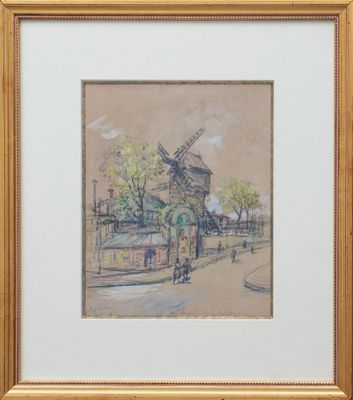 an image of a painting of a windmill on a street