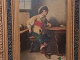 an old painting of a man sitting at a desk in front of a window