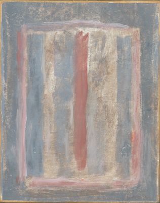 une peinture abstraite représentant un carré à rayures rouges et bleues