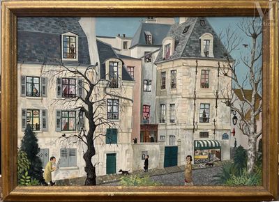 a picture of a painting of a woman walking down the street