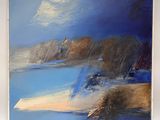 abstract painting of a beach scene with a blue sky and a full moon