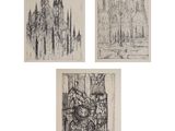 quatre dessins de cathédrales et d'arbres en noir et blanc