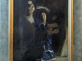 an oil painting of a woman in a blue dress holding a guitar