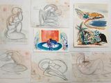 sketches of a woman sitting on a chair in front of a painting