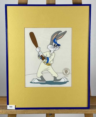 tableau représentant un lapin de dessin animé tenant une batte de baseball sur un chevalet