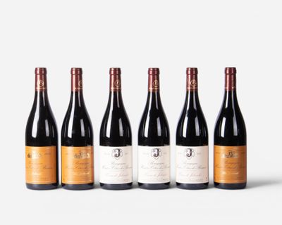 six bottles of red wine lined up in a row
