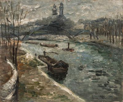a painting of boats on a river with a castle in the background