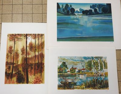 three paintings of trees and a lake are displayed on a tile floor