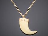 a gold necklace with a large horn pendant on a chain