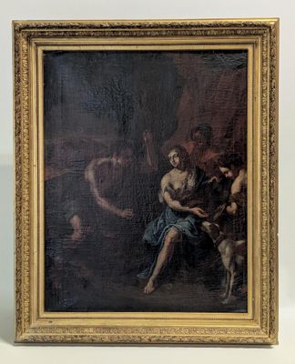 un vieux tableau représentant un homme et une femme accompagnés d'un chien