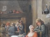 a painting of a woman sitting at a table with a group of people