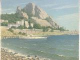 un tableau représentant un bateau sur l'eau, près d'une montagne