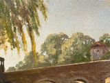 painting of a bridge over a river with a building in the background