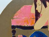 un tableau représentant une femme assise sur un canapé