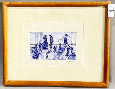 peinture d'un groupe de personnes assises autour d'une table dans une pièce