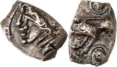 a silver coin with an image of a man and a woman on it