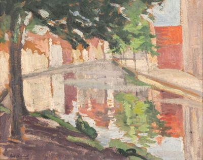 un tableau représentant un pont enjambant une rivière dans une ville