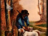 tableau représentant un homme et deux chiens dans un environnement boisé