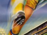 a painting of a woman kicking a soccer ball