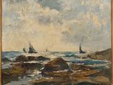 une image représentant un tableau de voiliers sur une plage rocheuse